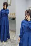 Yeni Model Ayrobin Düğmeli Elbisem Mavi