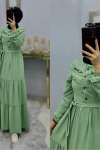 Yeni Model Ayrobin Düğmeli Elbisem Fıstık Yeşili
